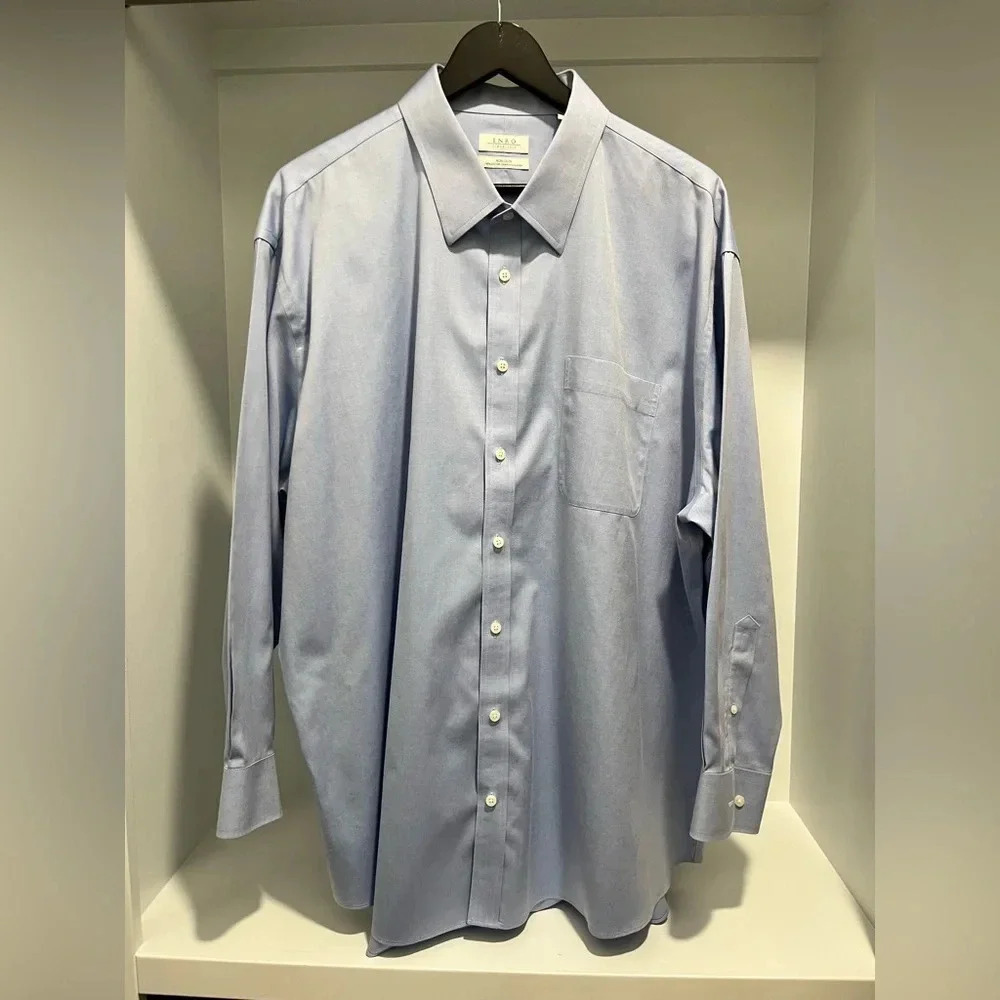 ENRO blue button down dress shirt 18 1/2 32-33 100% cotton mens